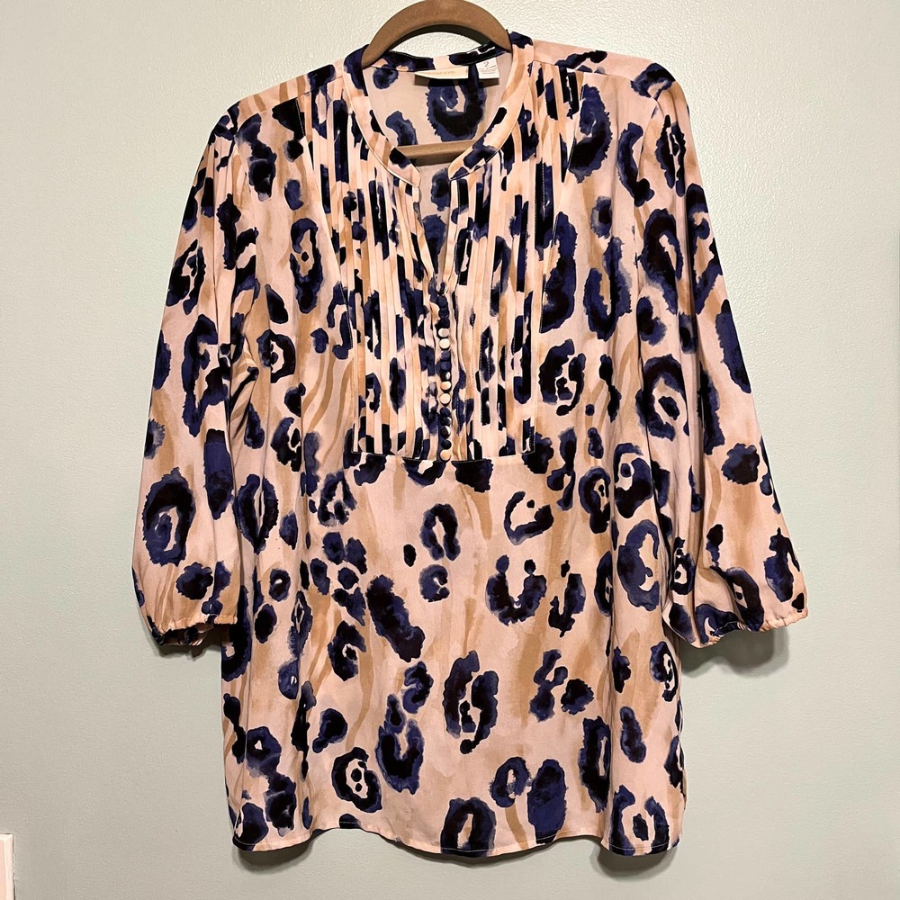 Chico's Size 2 Medium Chiffon Blouse 3/4 Sleeves Cream Brown V-Neck Lightweight